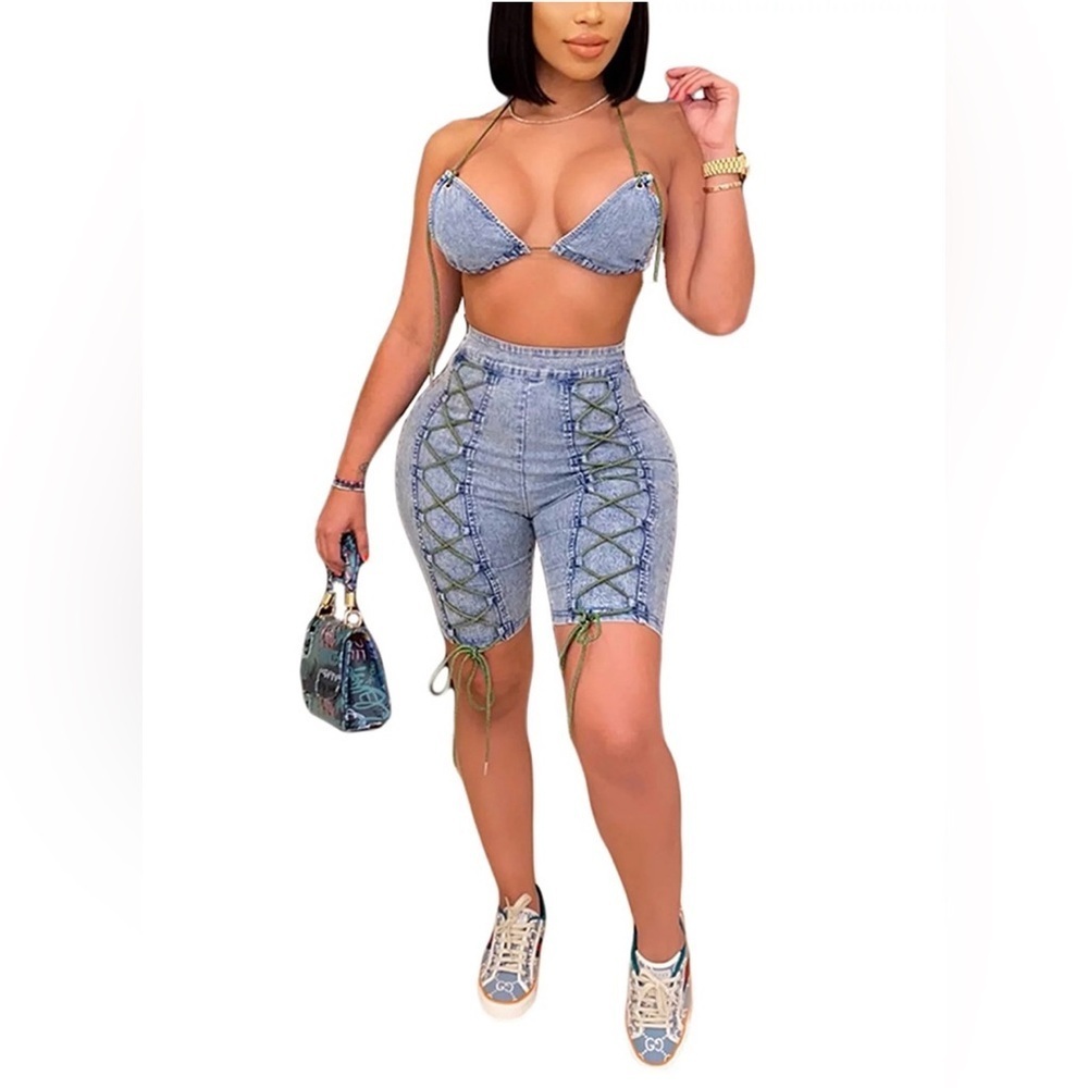 2Pcs Women Summer Tracksuit, Denim Lacing Strap Crop Tops + Strappy Shor…